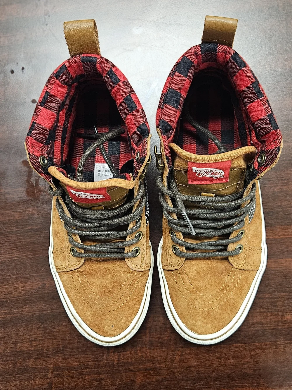 Vans Tan Suede High-Top Sneakers with Red Plaid Collar